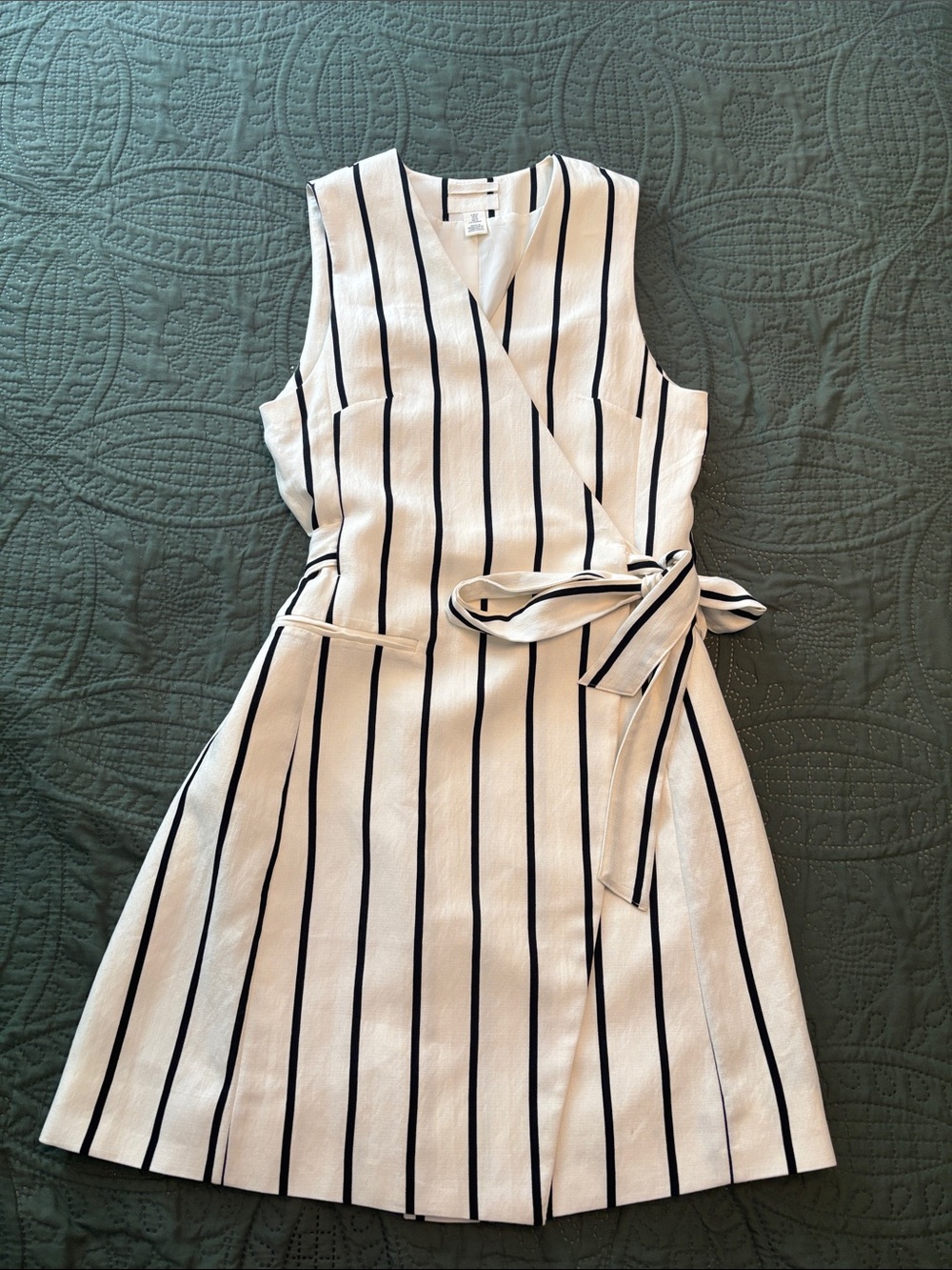 H&M Ivory Sleeveless Wrap Midi Dress with Black Stripes